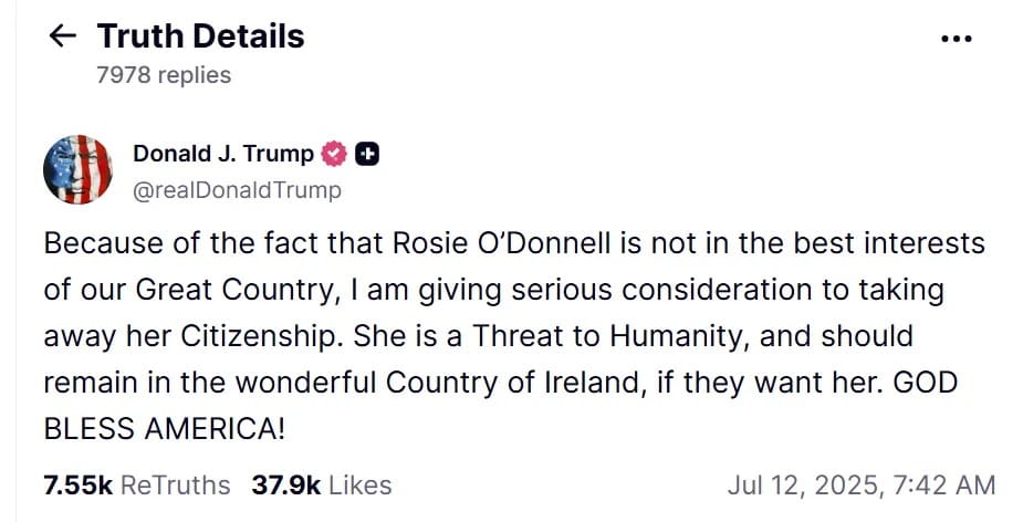 Trump Calls Rosie O’Donnell a Threat to Humanity, Threatens to Strip Her Citizenship Despite It Being Illegal